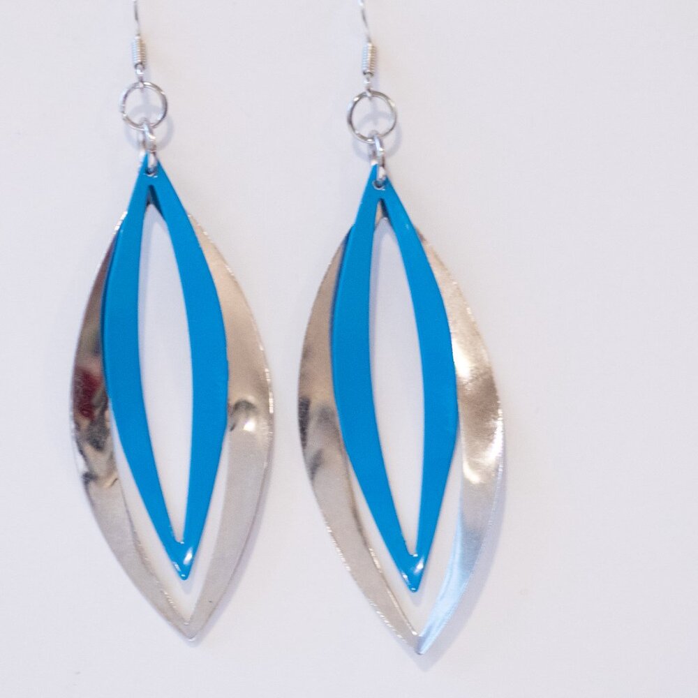 Large Silver-tone and Small Turquoise Enamel Leaf Shaped Drop Earrings